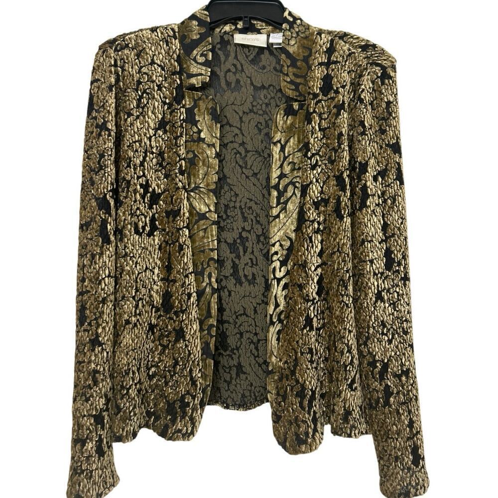 Chico’s Black Gold Baroque Velvet Burnout Flat CollarEvening Jacket Size S Artsy